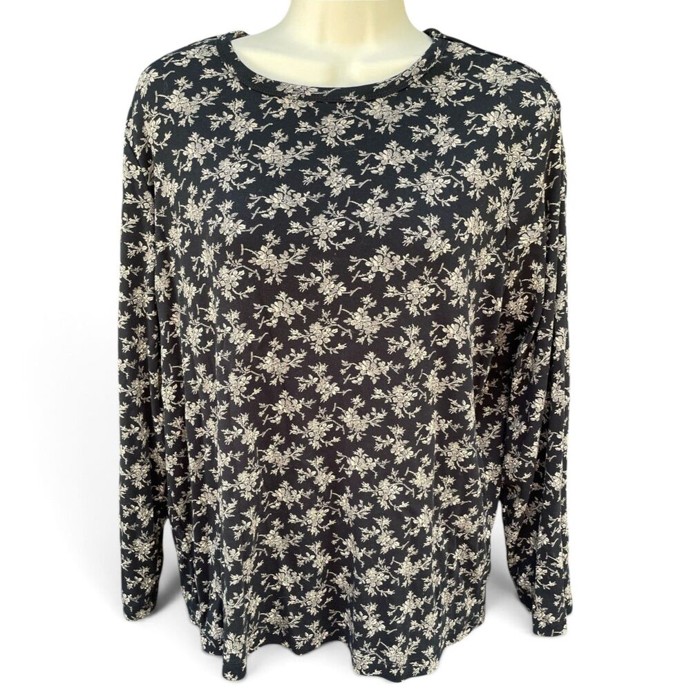 Vtg Americana Lauren Ralph Lauren Floral Top 90s Y2K Black White Cotton 2X L XL